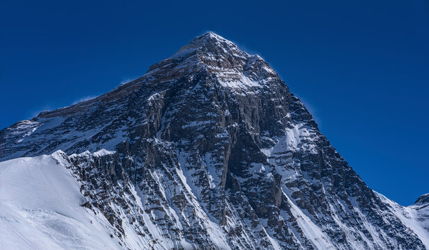 View of the Mount Everest peak, the world highest peak on the Mahalangur Himal sub-range of the Himalayas range, China-Nepal border, Nepal.