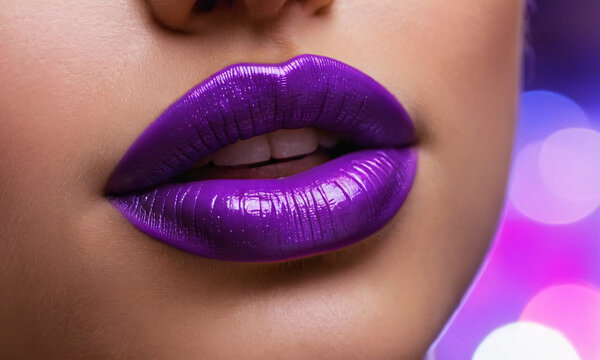 A close-up image capturing a woman’s lips painted in a striking shade of purple. The glossy finish of the lipstick reflects light, adding a mesmerizing shine. The image exudes a sense of elegance.