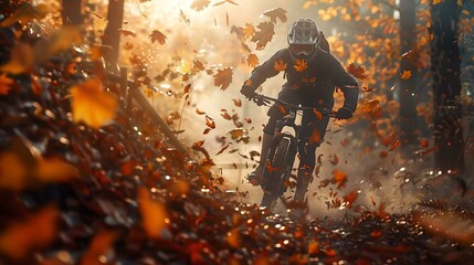 Autumn mountain biking: cyclist riding through falling leaves on a forest trail