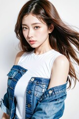 fashion lifestyle asian female teen woman long hair japanese girl wear jean jacket portrait fashion shot on white wall background