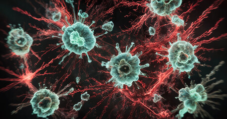 Abstract Bacteria - 3d rendered hologram style microbiology image. Medical research, health-care concept. SEM (TEM) scanning view. Lactobacillus Bulgaricus, Staphylococcus, MRSA, Salmonella, Cholera.