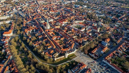 Aerial around the old town of the city Mühlhausen in Thuringia, Germany on a sunny day day in winter	 - obrazy, fototapety, plakaty