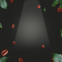 Falling coffee beans and leaves on dark gray background. Suitable for coffee shop promotions,...