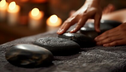 Relaxing hot stone massage at a luxurious spa salon. Warm stone therapy benefits and experience. - obrazy, fototapety, plakaty