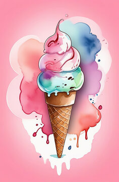 A vibrant watercolor art piece depicting a colorful ice cream cone on pink background. Copy space. The liquid like gesture of the gelato contrasts beautifully with the aqua ingredient