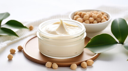 Obraz na płótnie Canvas Cosmetic products with macadamia nuts. Cream with extract of Macadamia
