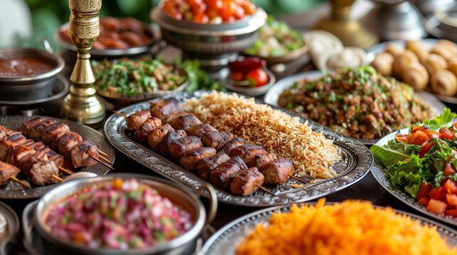 A table with lots of oriental dishes kebab salads and drinks, Muslim, Arabic food