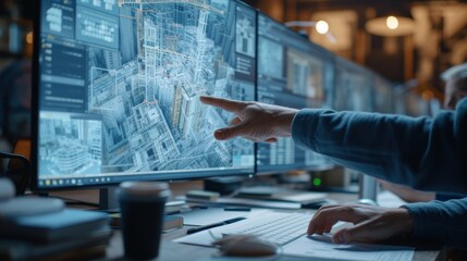 professional architect, engineer or interior hand working on virtual digital blueprint on computer in office center at construction site, construction, technology, contractor, engineering concept