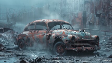 A time-worn vintage car, its rusted exterior telling stories of years gone by, sits forlornly in a grimy, polluted cityscape