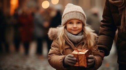A young girl holding a wrapped gift in her hands