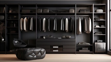 closet space sleek black shelving and pouf in the center, clothes inside, ultra detailed, ultra hi - obrazy, fototapety, plakaty