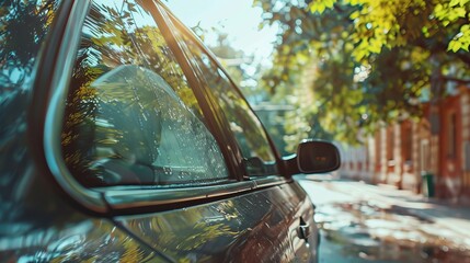 The rear view of a car's back window, parked on a sunlit street in summer - obrazy, fototapety, plakaty