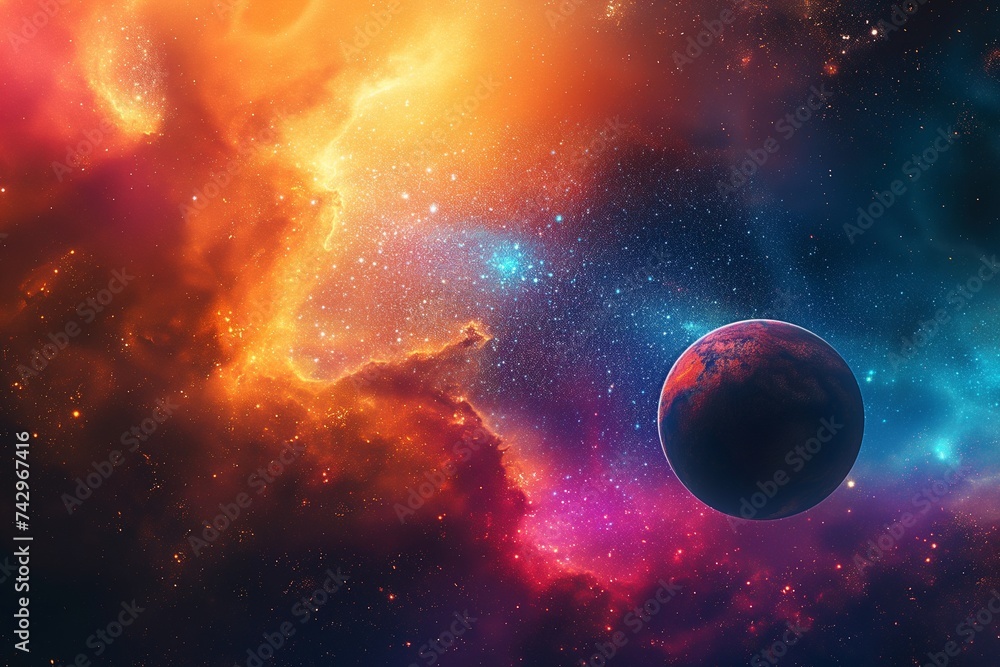 Poster bright cosmic scene with nebula of stars and multicolored light surrounding abstract planets in orbi