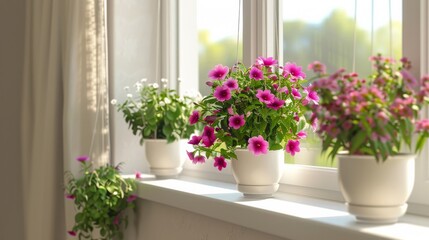 Charming flowerpots suspended on a window sill, creating a cozy and lively window display