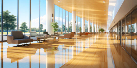 Blurry background, modern glass office hallway, lounge, reception room, customer waiting room, minimalist, wood, meticulous lines, design/architecture study.