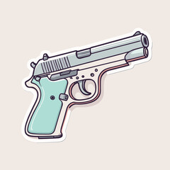 Illustrated sticker of a retro-styled handgun with pastel teal and gray tones on a neutral background.
