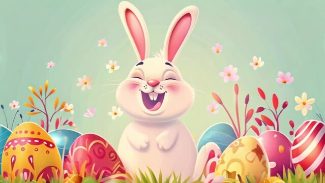 happy easter bunny cartoon with colourful easter eggs easter holiday concept Generative AI
