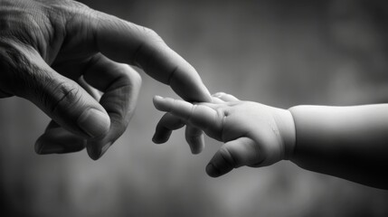 hand of a young baby touching old hand of the elderly,black and white tone,mono color - obrazy, fototapety, plakaty