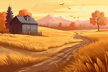 Obraz premium Cartoon rural scene. Village wood farmhouse with trees and field grass, colorful countryside landscape with cottage and mountains on background. Flat illustration
