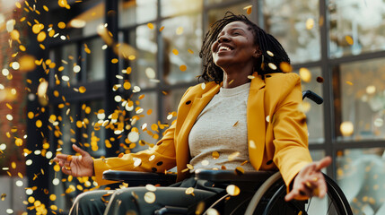 Young happy promoted disabled black african american office worker in a wheelchair celebrating with gold confetti, workplace promotion celebration inclusion and diversity concept
