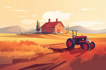 Rural landscape. Cartoon farm with barns,haystacks and tractor, countryside agricultural nature with trees and hills, idyllic scene background