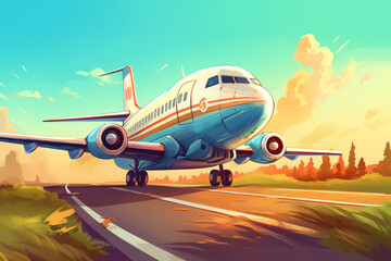 Fototapeta na wymiar Landing of the plane on the runway in the field. Cartoon airline jet landing, commercial airplane cargo transportation concept. Digital flat illustration