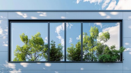 window framed by lush trees, offering a picturesque view of the sky beyond
