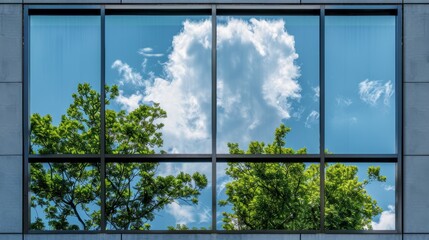 window framed by lush trees, offering a picturesque view of the sky beyond