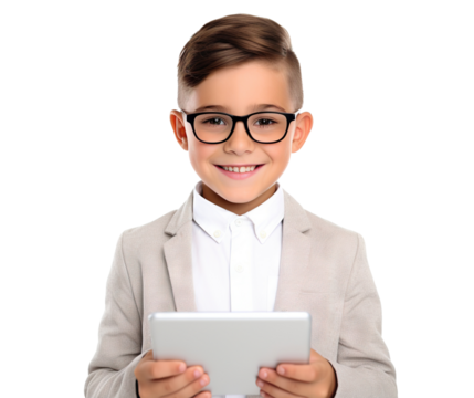 Happy smart young boy holding a tablet, cut out