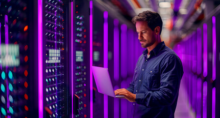 Data center manager looking at laptop in server room. Ai generated.