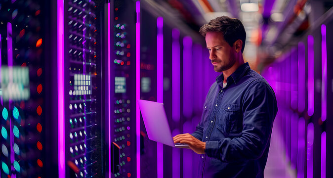 Data center manager looking at laptop in server room. Ai generated.