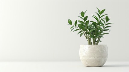 green ZZ plant (Zamioculcas zamiifolia) thrives in a minimalist pot against a clean white background