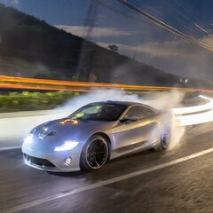 Fototapeta na wymiar Night Drift: Sports Car Racing Around Corner with Smoke Trails (Generative AI)