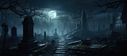 A moonlit cemetery with weathered tombstones - obrazy, fototapety, plakaty