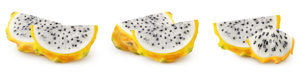 Isolated dragonfruit. Fresh slices of yellow pitahaya fruit isolated on white background with clipping path