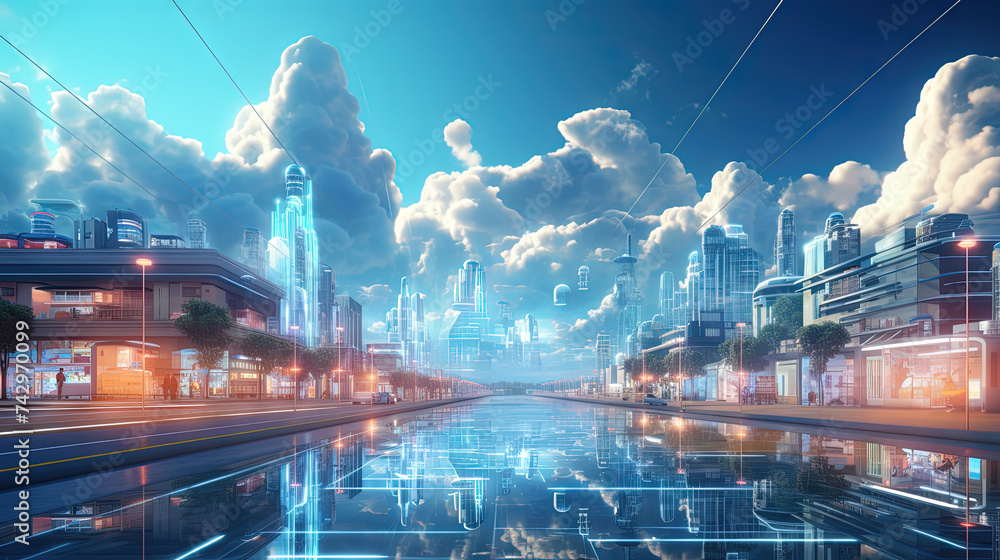 Poster concept of a digital city with cloud connections. futuristic network in the clouds.