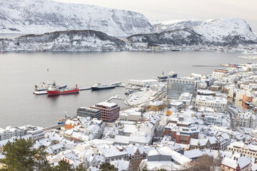 The Jugend city Aalesund (Ålesund) harbor on a beautiful cold winter's day. Møre and Romsdal county