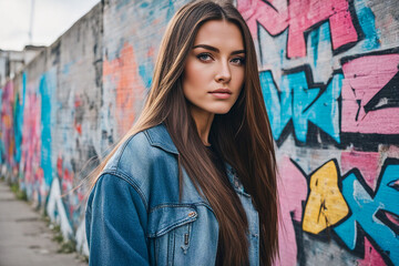 A brunette woman standing in front of a wall of graffiti