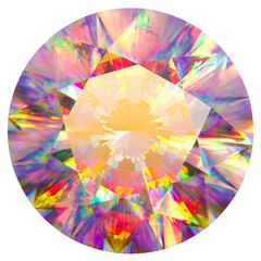 Diamond seen from above, iridescent reflections, isolated on a white background.