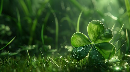 A lush green four-leaf clover nestled in dew-kissed grass - Powered by Adobe