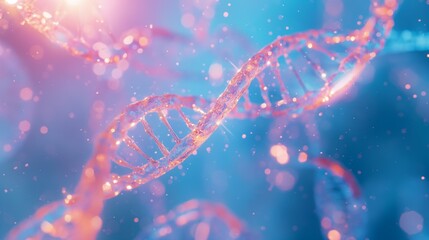 A 3D model of a DNA helix, transparent and glowing, against a vibrant blue background, symbolizing the blueprint of life in a scientific research environment. 8k