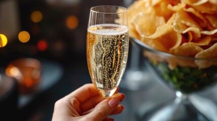 Hand Holding Champagne Glass, Chips in Petite Vase
