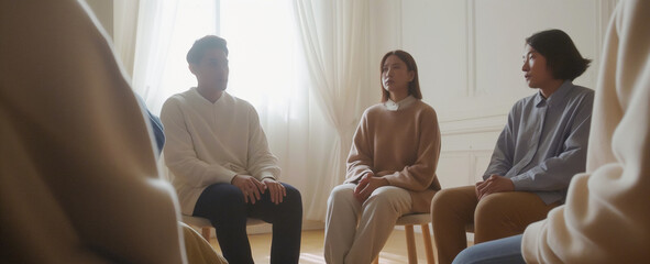 Banner about the importance of group therapy, several people sitting in a circle during therapy, adaptation and inclusion of people in society