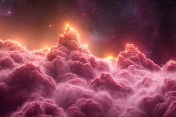 Majestic Cosmic Mountains with Glowing Peaks and Starry Sky, Conceptual Space Artwork, Fantasy Landscape