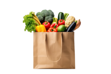 A paper bag full of healthy food isolated on transparent background. Concept of Supermarket.