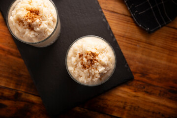 Rice pudding. Sweet dish made by cooking rice in milk and sugar, some recipes include cinnamon, vanilla or other ingredients, it is a very easy recipe to make and very popular all over the world.