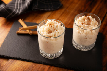 Rice pudding. Sweet dish made by cooking rice in milk and sugar, some recipes include cinnamon, vanilla or other ingredients, it is a very easy recipe to make and very popular all over the world.