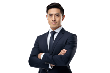 Asian businessman happy in suit, crossed arms isolated on transparent background.