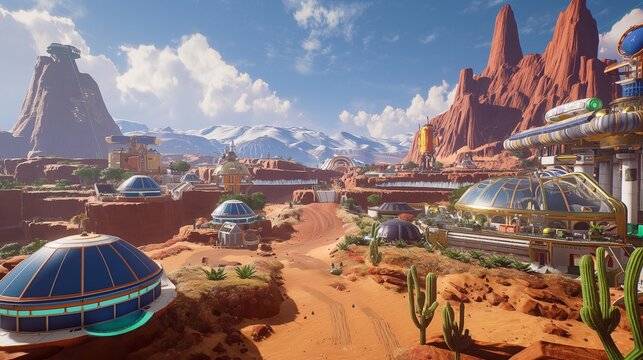 A colony on Mars, with domed habitats, greenhouses for agriculture