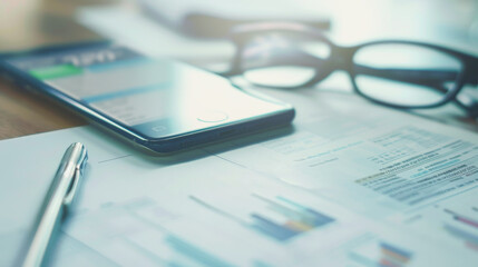 Smartphone, Pen, Glasses, and Financial Documents on a Desk